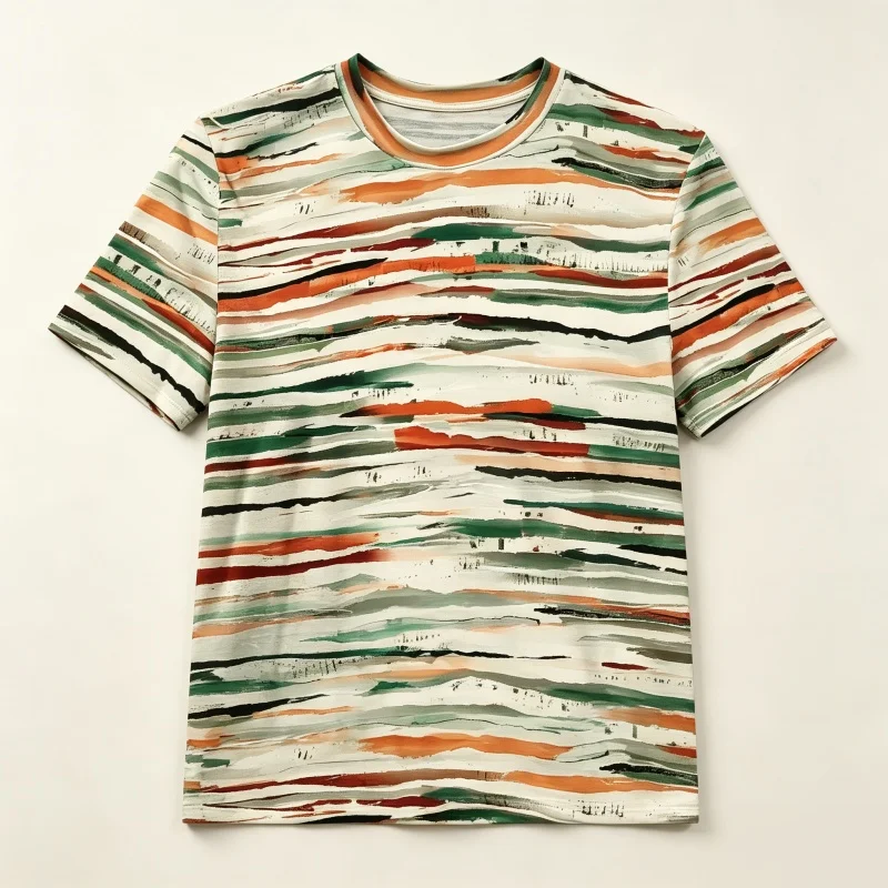 Retro oil painting striped printed short sleeved T-shirt for women contrasting color strokes striped loose round neck casual top
