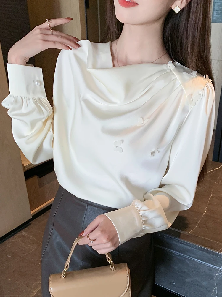 2025 New Spring Fall Long Sleeve Beaded Floral Shirts Women Korean Fashion Skew Collar Blouse Female Workwear Office Ladies Tops