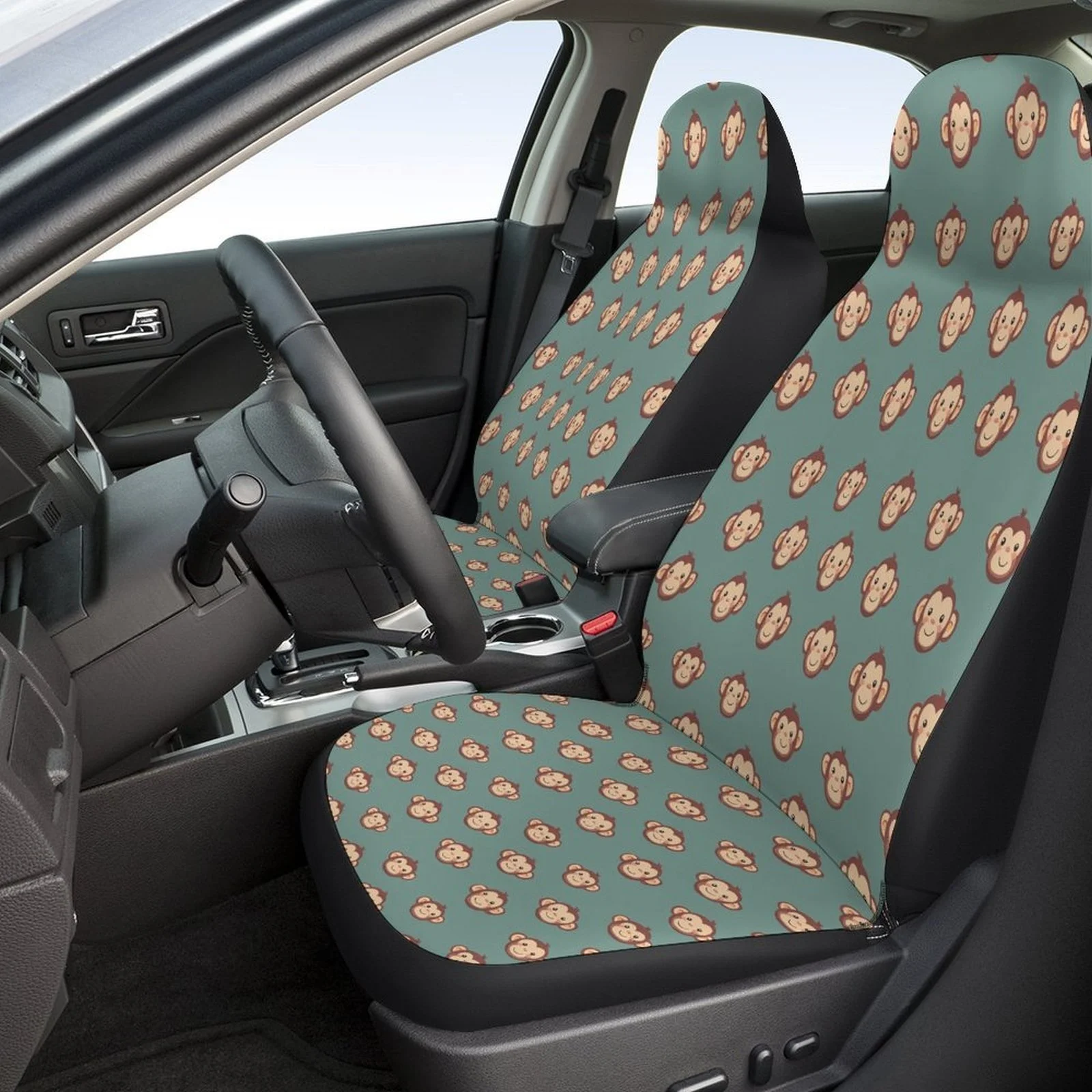 Set Of Car Seat Covers Featuring A Monkey Pattern, Suitable For Various Vehicles. Stylish And Unique, This Complete Set Includes