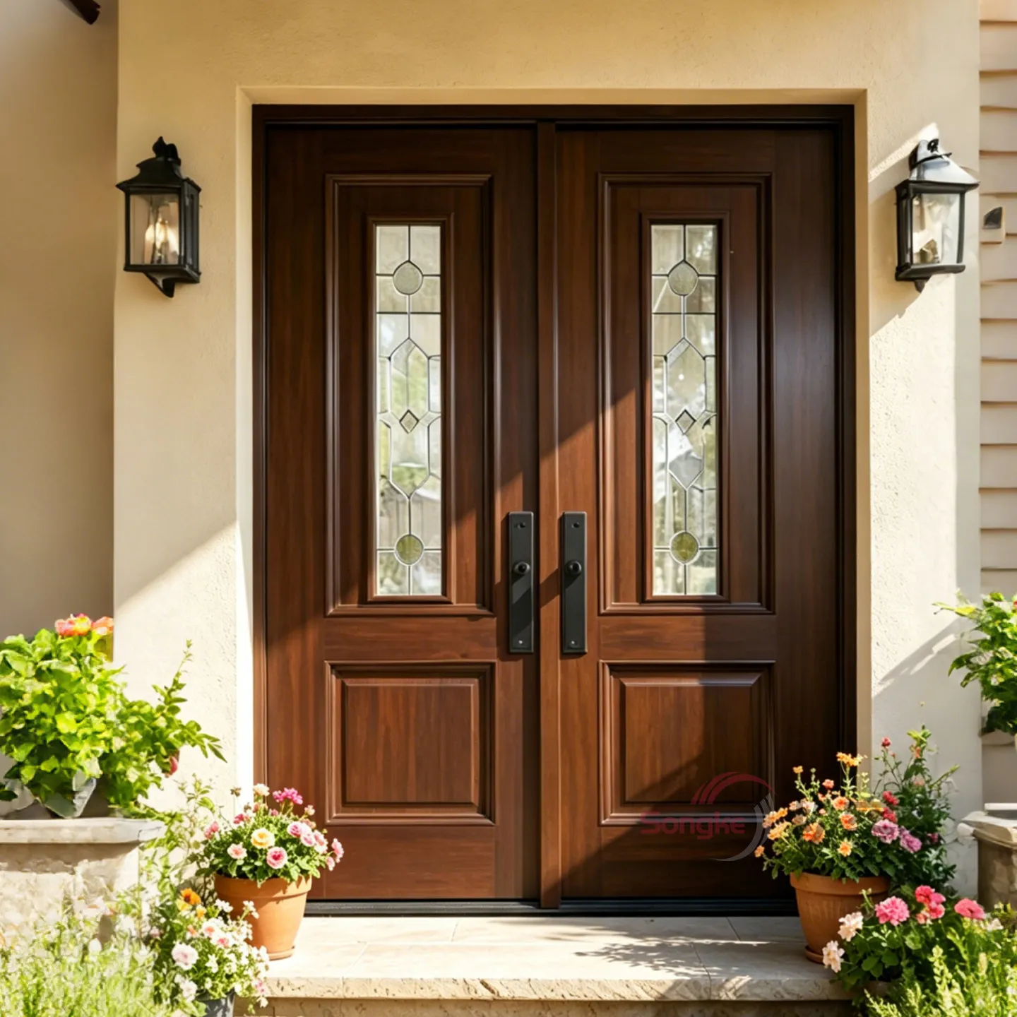 Cast aluminum villa double door entry wood grain folio French glass door customization