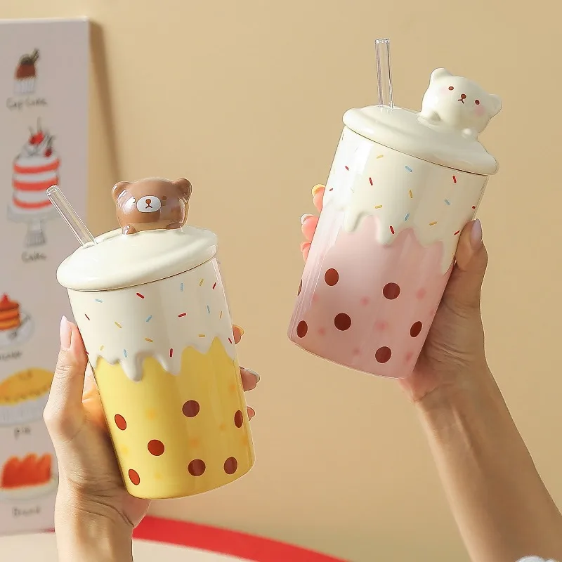 Cartoon Cute Bear Coffee Cup, Household with Cover, High Color Straw, Ceramic Mug, Large Capacity, for Sisters Lovers
