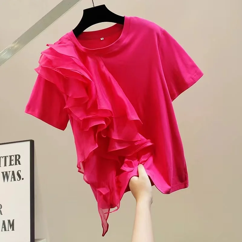 Ruffles Tassel New In 2024 Summer Cotton T-shirt For Women O Neck Solid Color Short Sleeve Tops Tees T Shirt Chic Sweet Tshirt