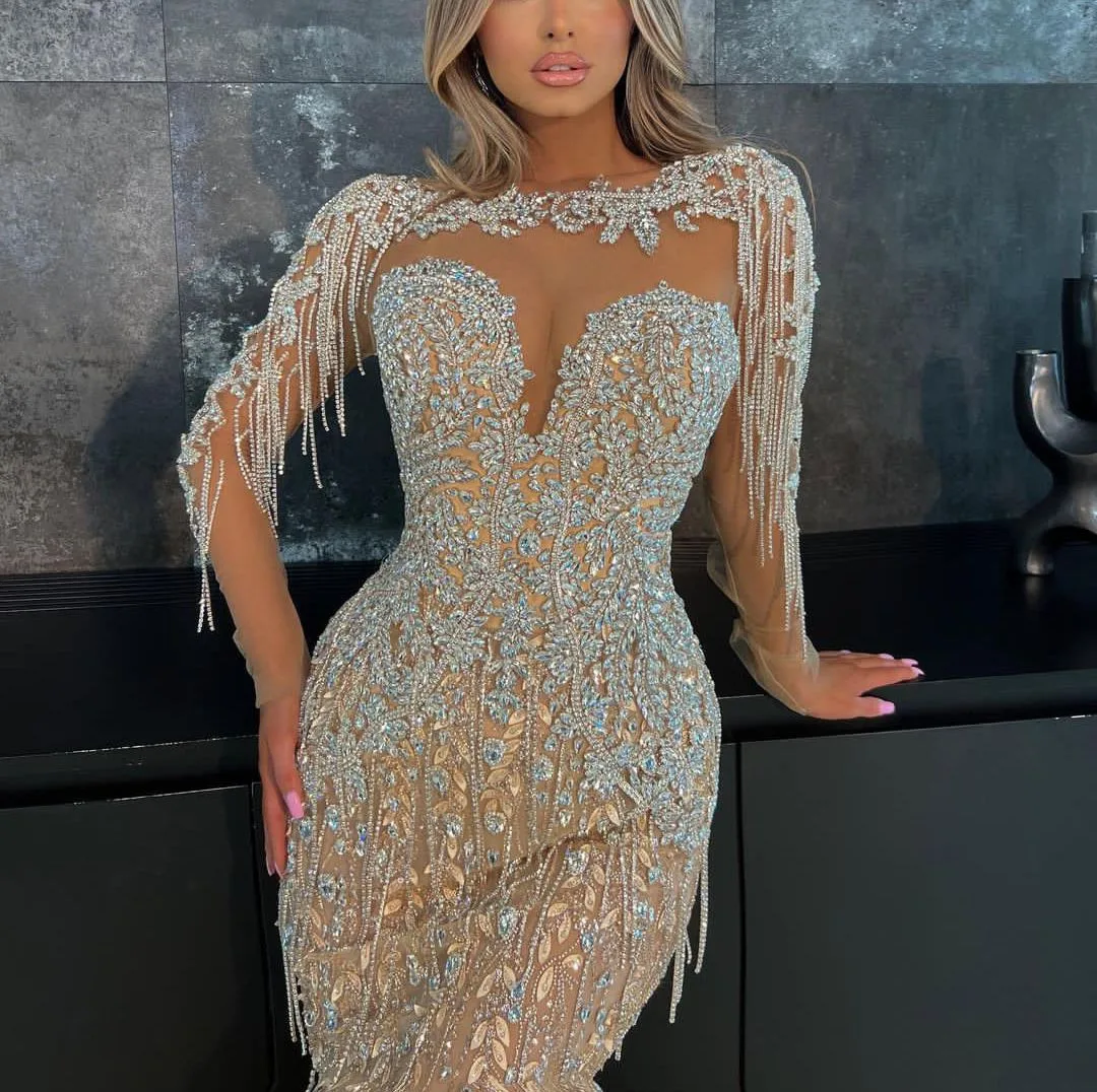 Exquisite Mermaid Evening Dresses Long Sleeves V Neck Halter Sequins Beaded 3D Lace Diamonds Tassel Prom Dresses Custom Made