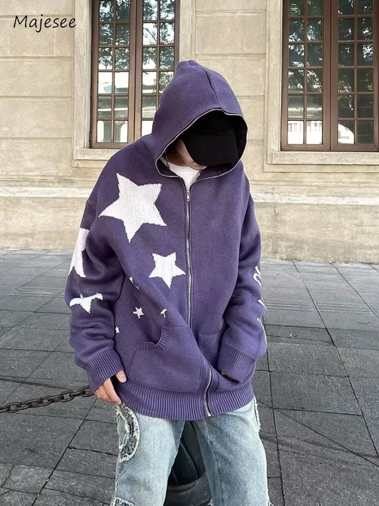 

Cardigans Men Fashion Couple All-match Spring Autumn Hooded Star Panelled American Style Chic Baggy Knitting Simple High Street