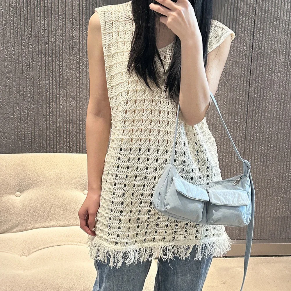 Women Casual Shoulder Bag Solid Color Simple Messenger Hobos Large Capacity Nylon Crossbody Zipper Closure for Party Vacation