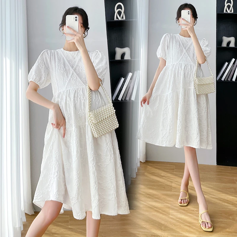 

2024 Spring Maternity Clothes Short Sleeve O-Neck White Pregnant Women Dress Elegant Beading Party Dress Pregnancy Wedding Dress