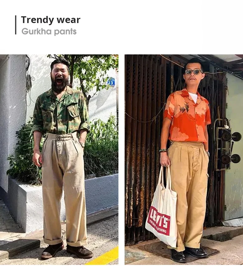 Maden Vintage Khaki Gurkha Hose, verstellbar, hohe Taille, lässige Cargo-Arbeitshose, klassische gerade Hose für Herren, Frühling und Herbst – Detail 10