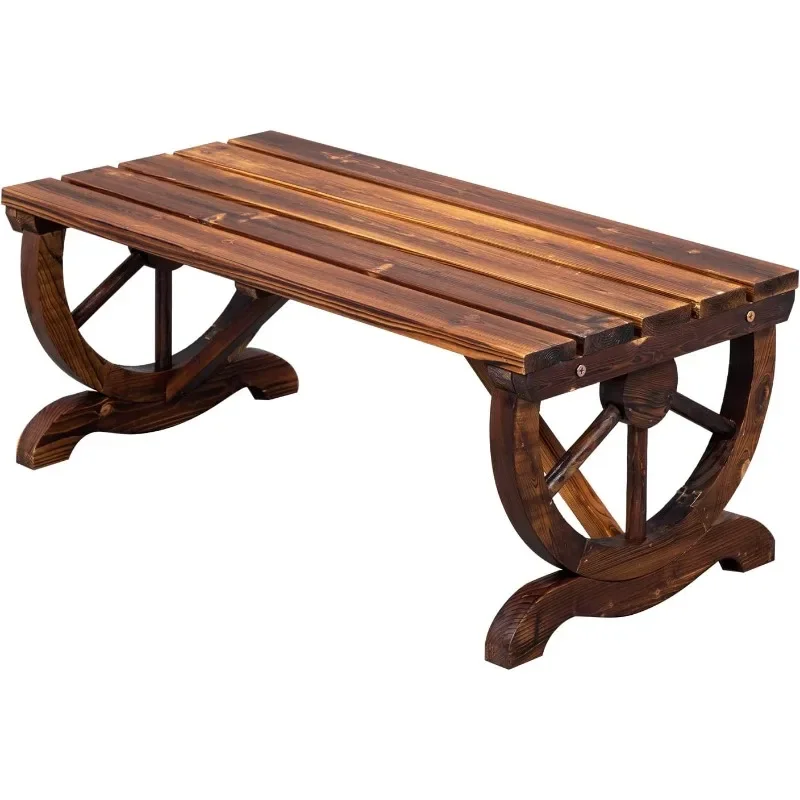 Outdoor Rustic Wooden Bench with Wagon Wheel Legs, People Outdoor Bench Garden Bench Front Porch Furniture Patio Lawn Yard Park