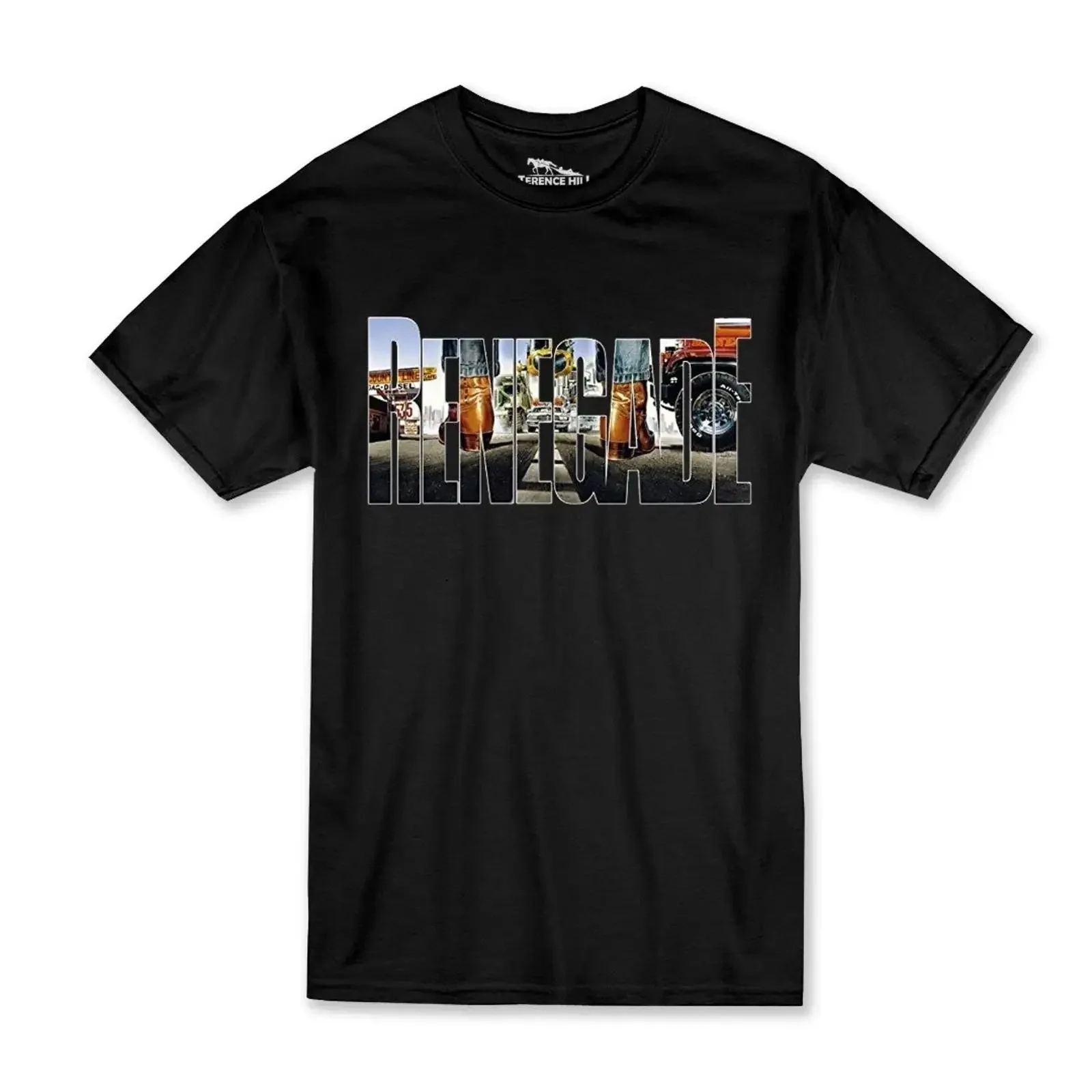 Camiseta estilo Renegade negra Terence Hill Renato Casaro Edition vintage con gráfico lavado, estilo streetwear casual para hombre, elástica