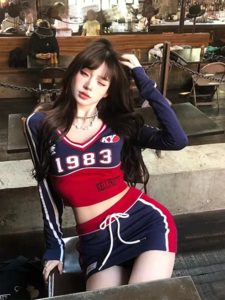 الجمالية الشارع الشهير تي شيرت المرأة الأمريكية الرجعية مثير Coquette مخطط المرقعة سليم تيز E-girl الخريف الأعلى #3