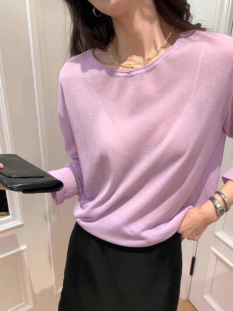 Summer Women\'s Long Sleeve Knit T-shirt Ultra Thin Sun Protection Micro Transparent Round Neck Top 100% Lyocell Striped Jumper