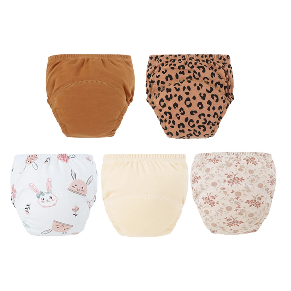 5pcs Cute Cartoon Print Cotton Waterproof Potty Training Pants for Babies 6-Layer Absorbent Soft Breathable Training Underwear