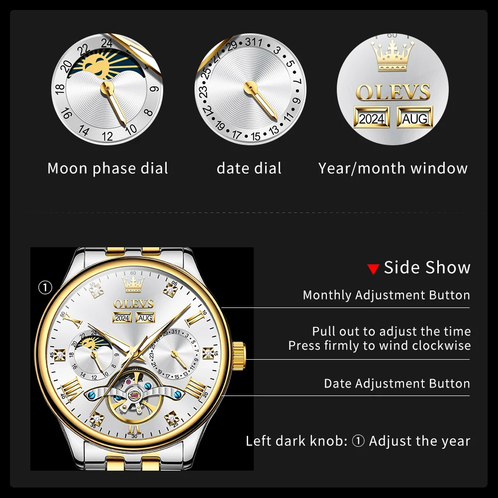 OLEVS 7023 Skelett-automatische mechanische Uhr für Herren, multifunktionaler Mondphasenkalender, wasserdicht, ausgehöhlt, luxuriöse Herrenuhr