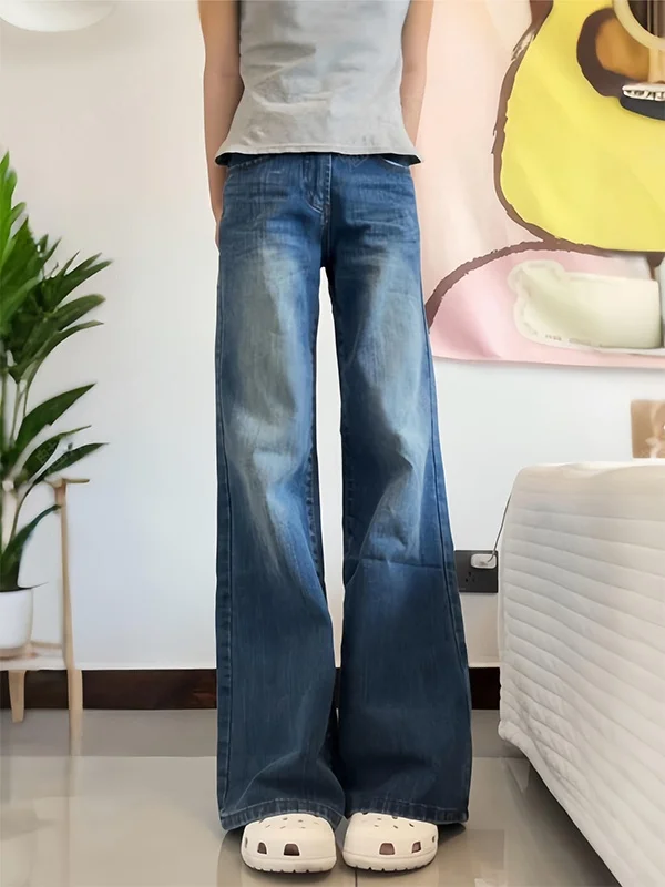 

Low Waist Bell Bottom Denim Jeans Women's Loose Fit Stretchy Straight Leg Slimming Long Pants Retro American Style Bamboo Pat...