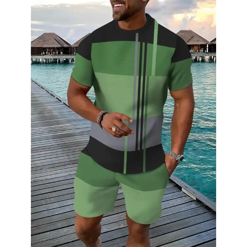 2025 Summer T-shirt and Shorts Set, 3D Color blocked Printed Casual Hawaiian Men's and Women's Sports Set Two Piece Jogging Suit
