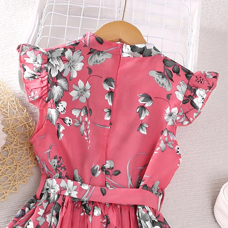 Kids Dress For Girls Floral Print Fly-sleeve Pleated Dress Summer Clothes Casual Style Dress