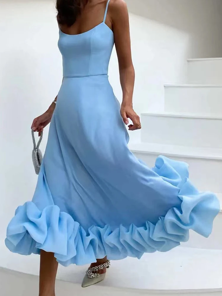 Fashion Elegant Party Dress Women Summer Sexy Sleeveless Backless Long Dresses Chic Rose Pleated Patchwork A Line Ruffles Dress