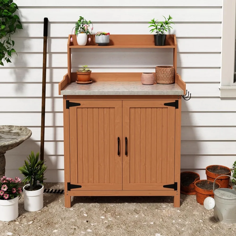 

Outdoor Potting Bench with Storage, Wooden Garden Potting Table with Metal Tabletop and Removable Shelf, Potting Work Bench Stat