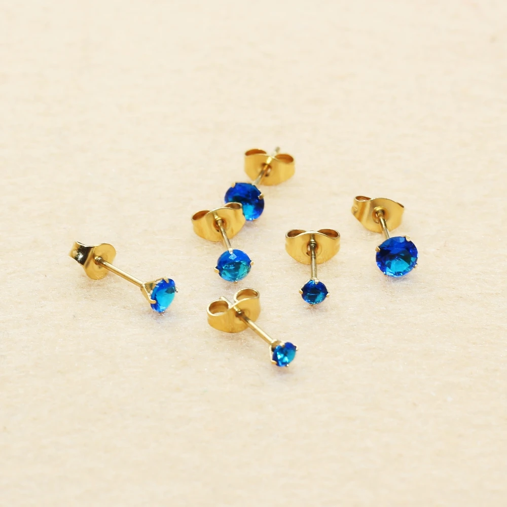 Stainless Steel Royal Blue AAA Zircon Stud Earrings 3mm 4mm 5mm Unisex Brief Style No Fade Hypoallergenic Jewelry