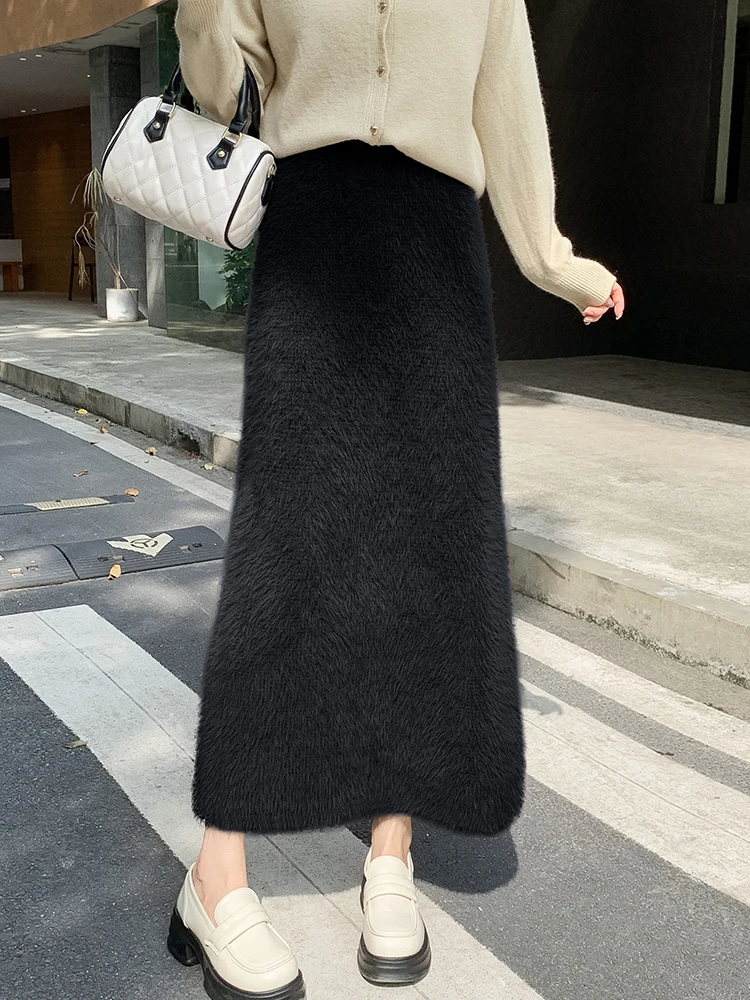 QOERLIN Imitation Mink Knitted Skirt Women Korean Fashion Tassel High Waist Long Skirts Elegant Slim Fur Skirts 2024 Fall Winter