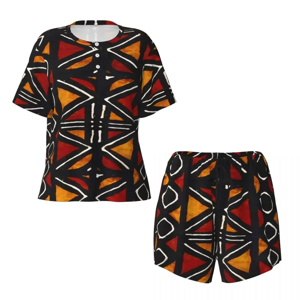 

African Bogolan Mudcloth Pattern Round Neck Short Sleeves Nightdress for Sleeping Sleepshirts Women Loose Pajama Set Short Pants