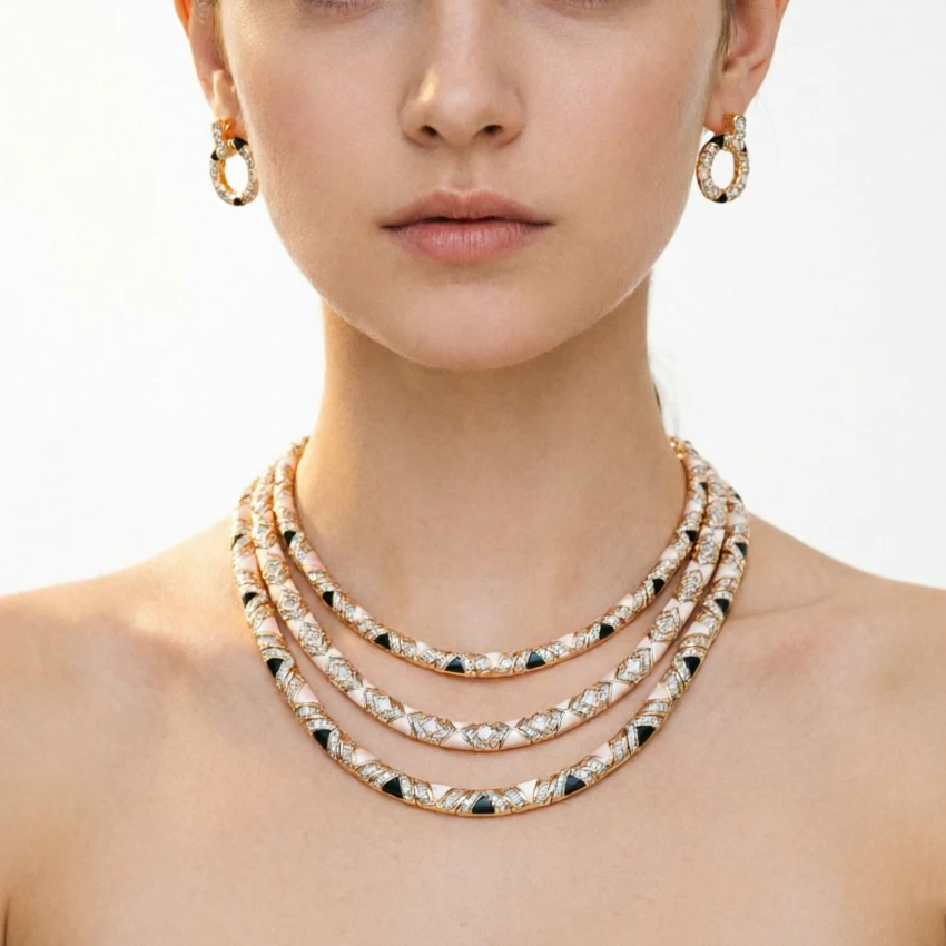 EYER Luxury Fine Jewelry Set Inlay AAA Cubic Zirconia Three Layers Champagne Gold Necklace Earrings For Women Wedding Party Wear