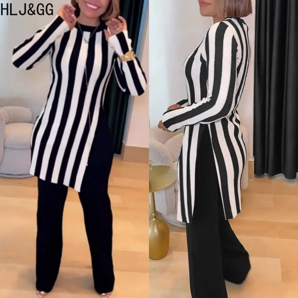 

HLJ&GG Casual Stripe Printing Two Piece Sets Women Round Neck Long Sleeve Top And Skinny Pants Outfits Autumn New 2pcs Clothing