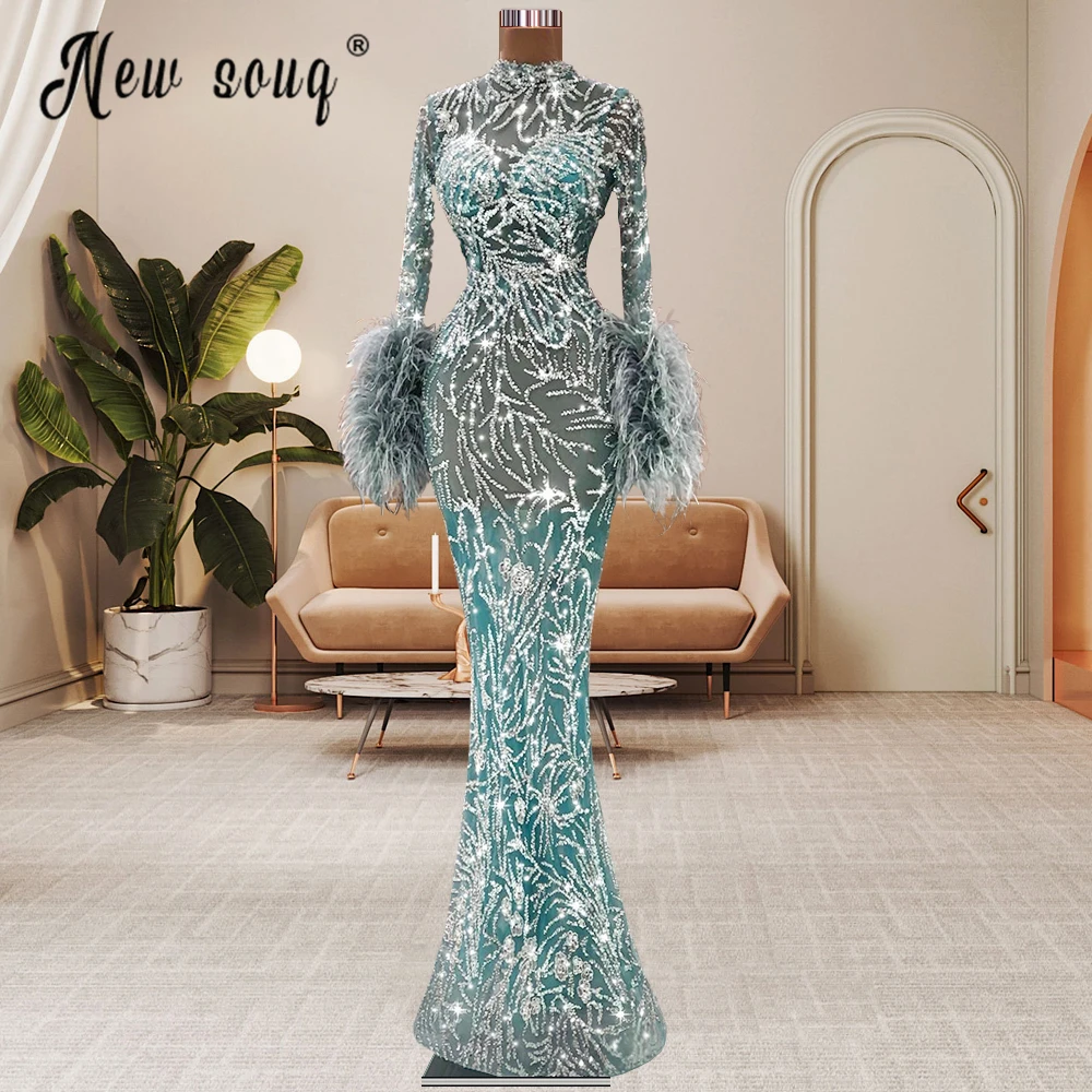 

2023 Bling Green Beaded Mermaid Long Evening Dress Arabic Muslim Luxury Feather Long Sleeve Women Formal Prom Party Gowns