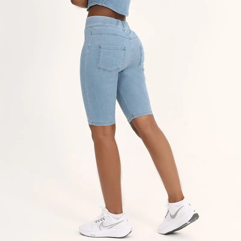 ​ ​ Short de Yoga en Denim taille haute pour femmes, double poche, sans couture, extensible, Fitness, mode, Slim, cinq points