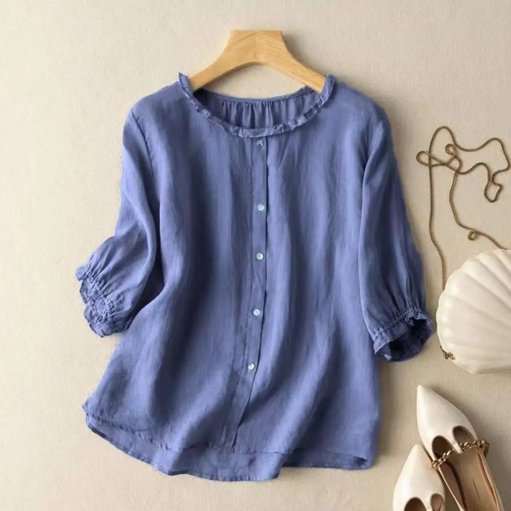 Breathable Women Shirt Solid Color Ruffle Trim Three-quarter Sleeve Women's Blouse Loose Fit Round Neck Shirt with Button Detail