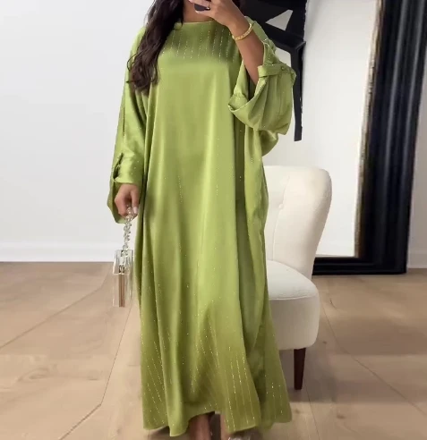 Plus Size Women\'s Dress Elegant Fashion Casual Solid Color Round Neck Bat Long Sleeve Glitter Design Loose A-line Long Dress
