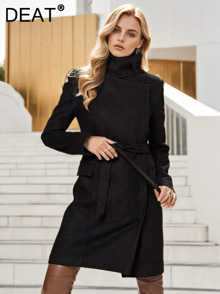 

DEAT Fashion Women's Woolen Coat Stand Collar Long Sleeve Solid Color Zipper Lace-up Slim Overcoat Autumn 2024 New Tide 7AB3351