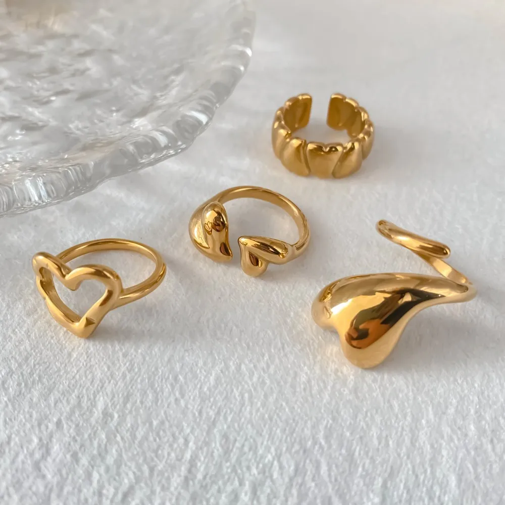 Hiraeva Vergoldete Edelstahl-Herzringe Set für Damen, Klobige Offene Verstellbare Minimalistische Modeschmuck – Detail 10