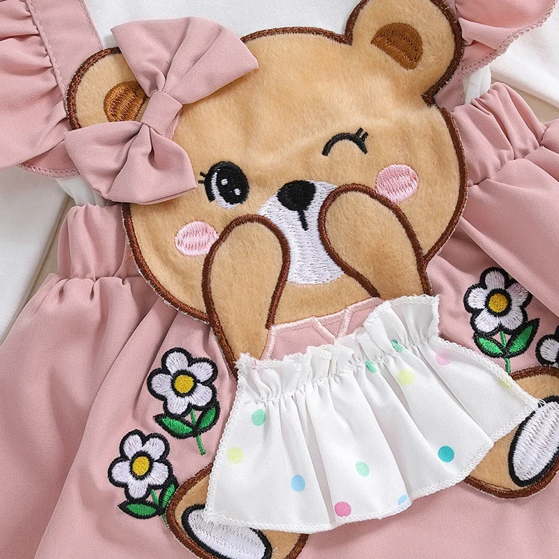 Baby Girl Fall Romper Dress Bear Embroidery Long Sleeve Fake Two Pieces Jumpsuit with Bow Headband