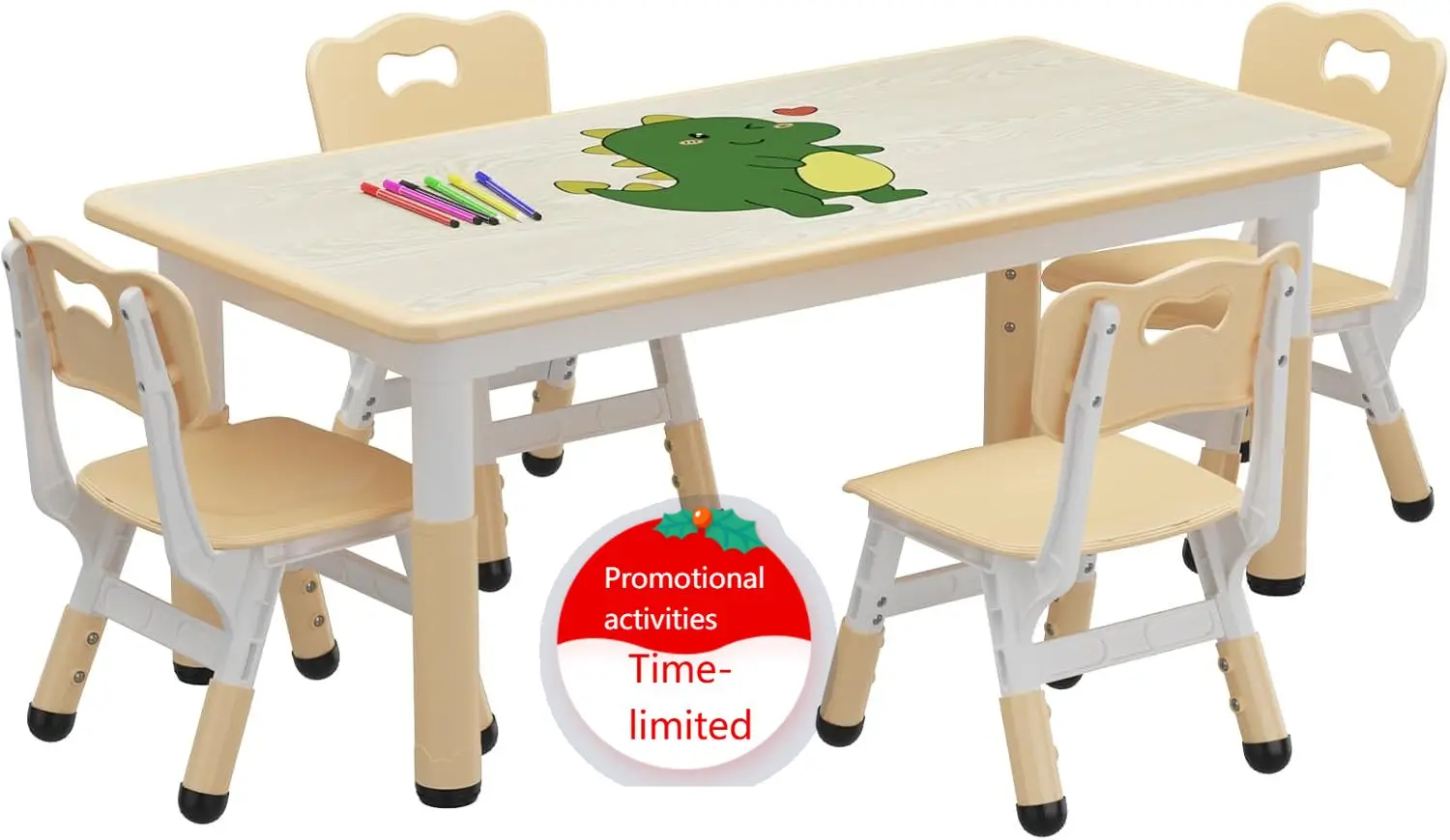 Kids Table and Chair Set, Height Adjustable Toddler Table and 4 Chairs Set for Ages 2-10, Graffiti Desktop, Non-Slip Legs, Arts