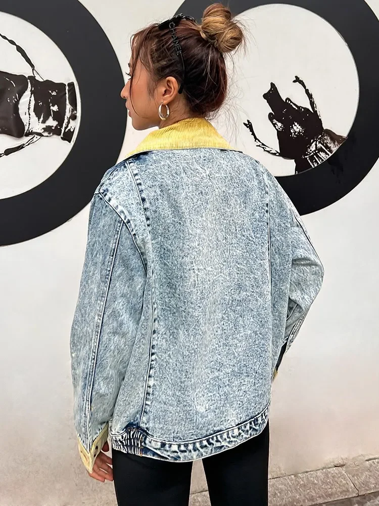 Hit Color Single Breasted Jackets For Women Lapel Long Sleeve Patchwork Pocket Loose Casual Denim Jacket Female Fashion New