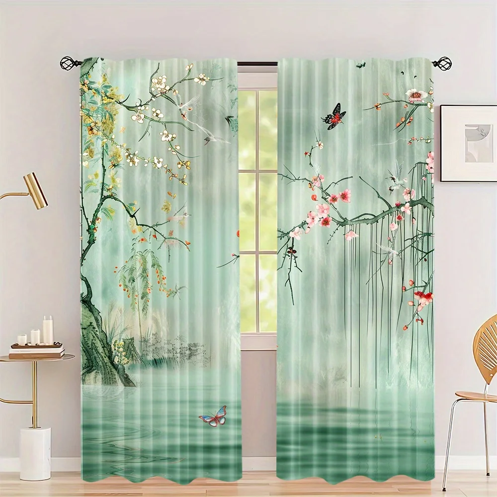 2Panel Chinese Curtain Flower Bird Ink Painting Curtain for Bedroom Living Room Floor-to-ceiling Window Kitchen Blinds W500*H250