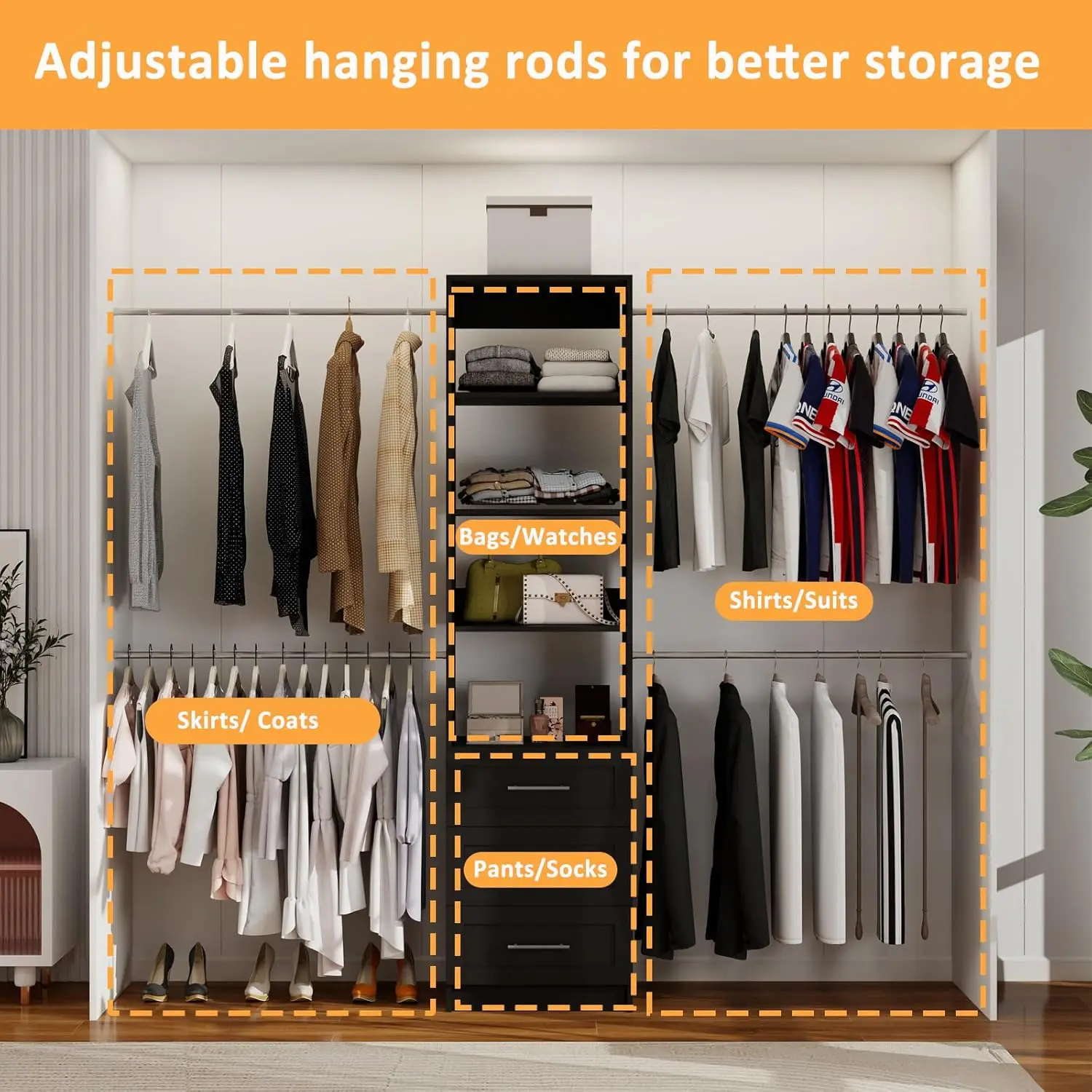 Closet System, 5Ft-8Ft Closet Organizer System With 4 Expandable Hanging Rods And Moveable Shelves, 99"" Walk In Closet System
