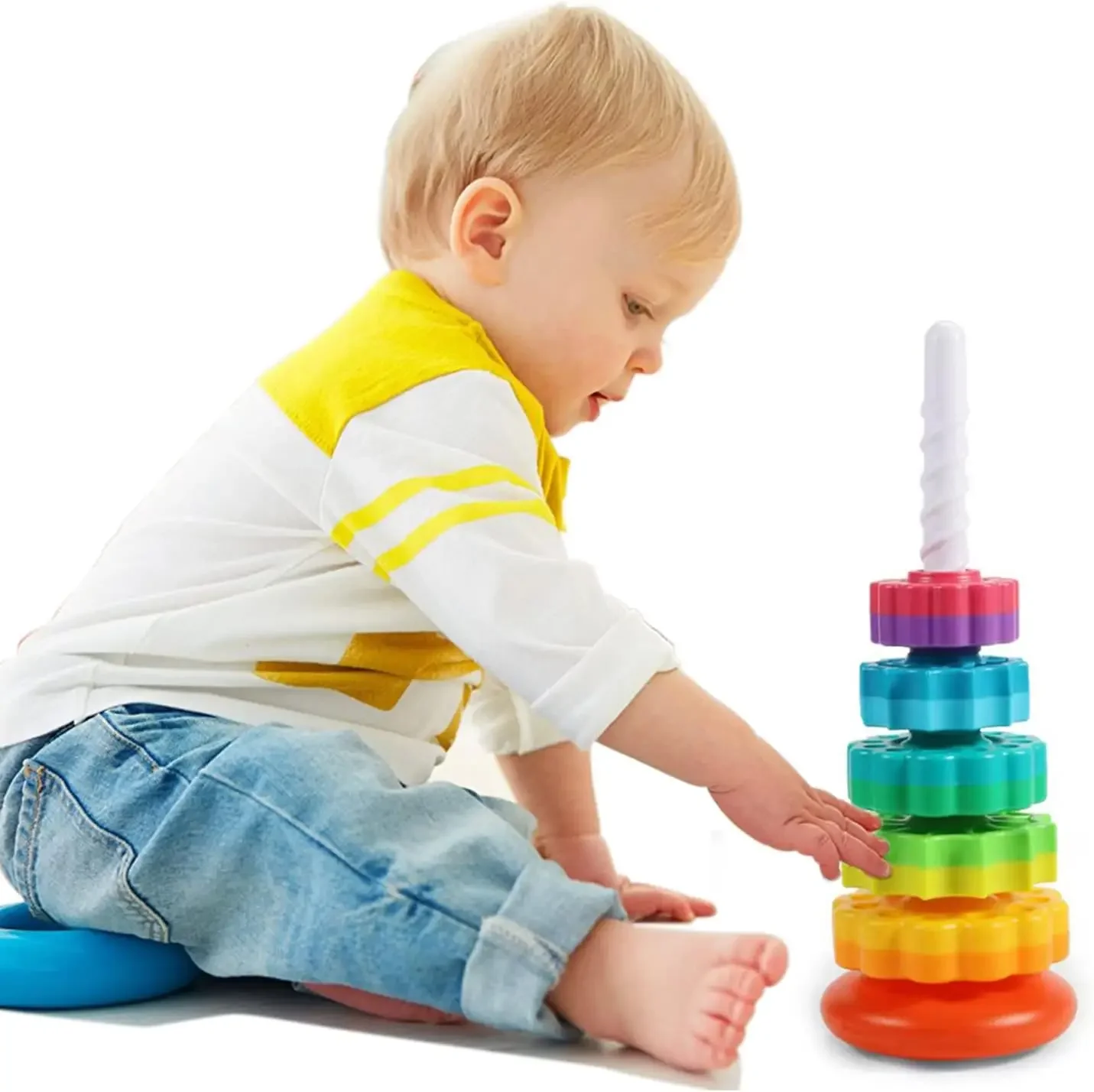 Montessori Rotating Rainbow Tower Baby Stacking Puzzle Toys Safety and Environmental Protection Colored Children\'s Toys Boy Girl