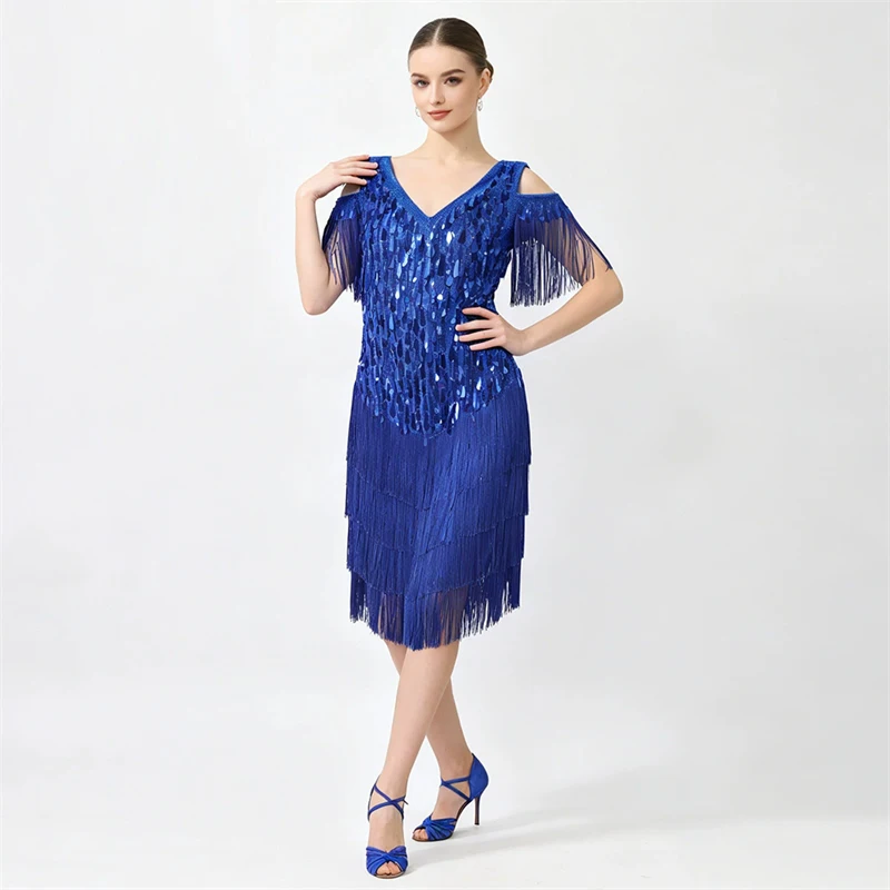 Damen-Latein-Tanzkleid mit Pailletten und Fransen, Quastenkleid für Samba, Tango, Cha-Cha, Wettbewerb, Bühnenauftritt, Party, Kostüm, Ballsaal-Kleidung – Detail 4