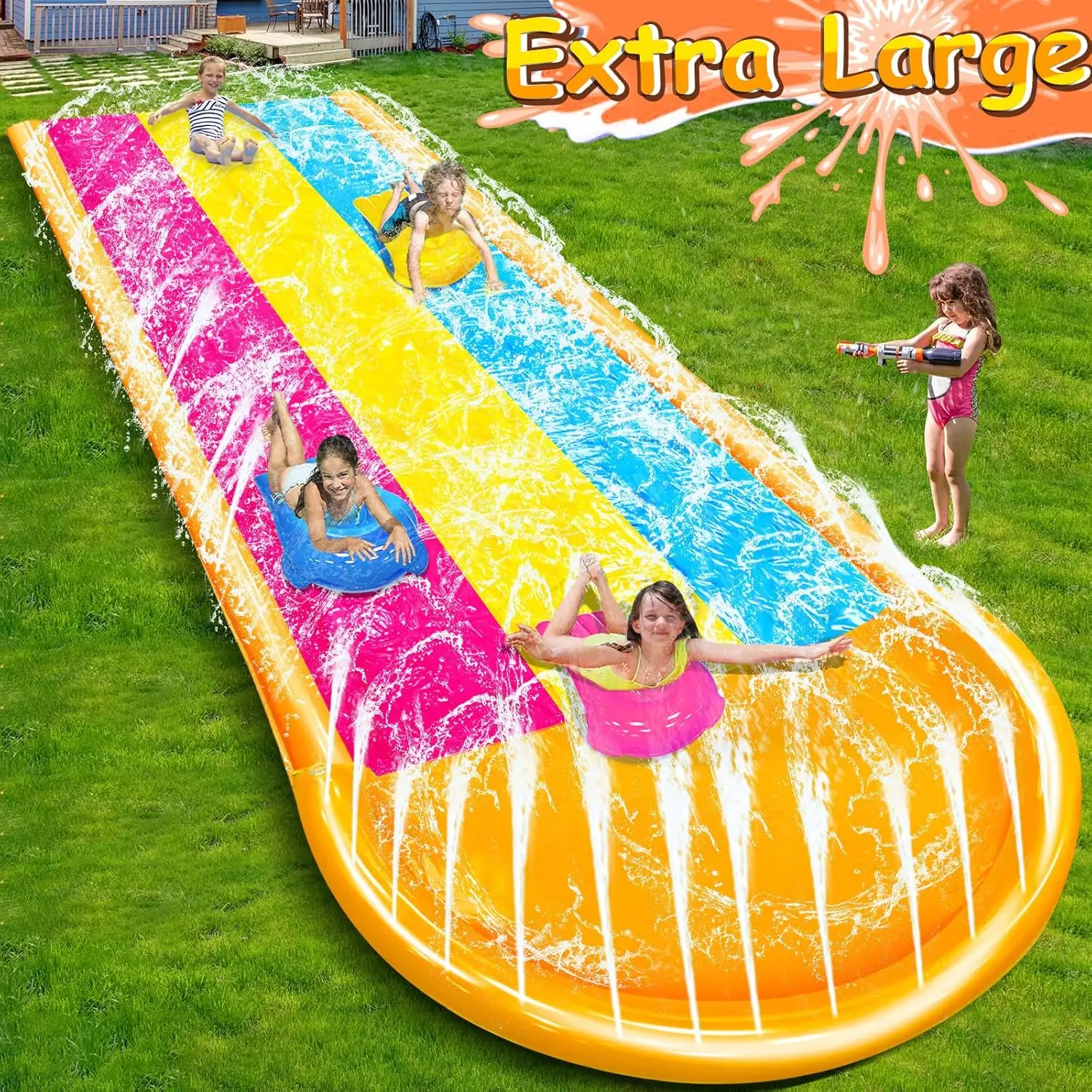 [3-zijdige Veilige Omheining] Extra Breedte Triple Slip Waterglijbaan Met 3-weg Sprinklers, Achtertuin Gazon Glijbanen En 3 Bodyboards Wi