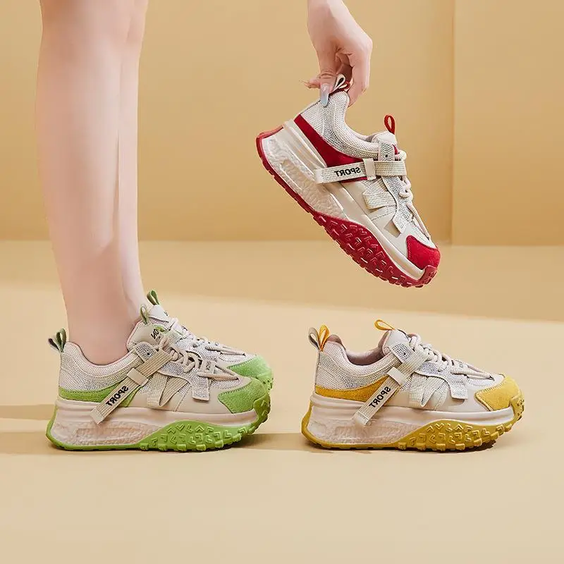 

Trendy Dad Shoes for Women Thick Bottomed Genuine Leather Sports Shoes Summer New Korean Style Flat Heel round Toe Casual Shoes