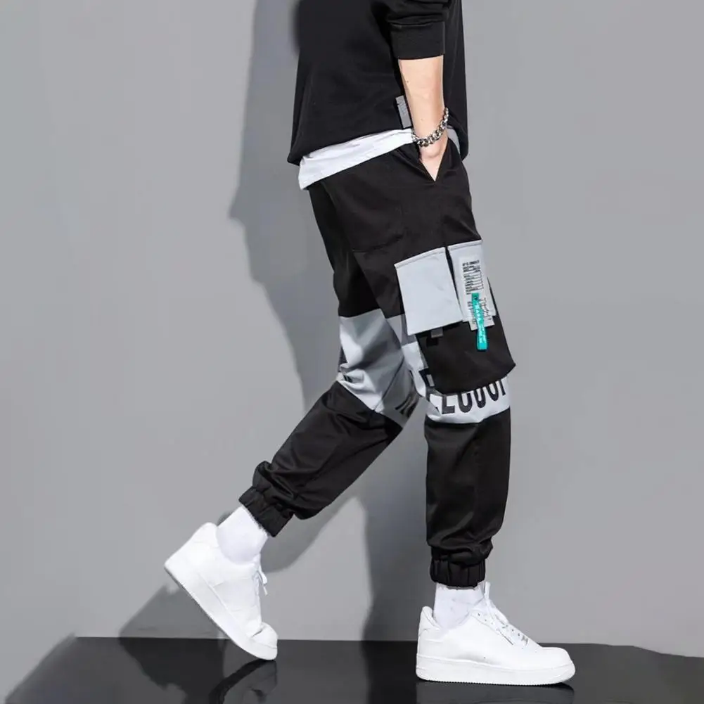 Hip Hop Long Trousers Men's Cargo Pants with Drawstring Waist Multiple Pockets Featuring Letter Print Ankle-banded for Any