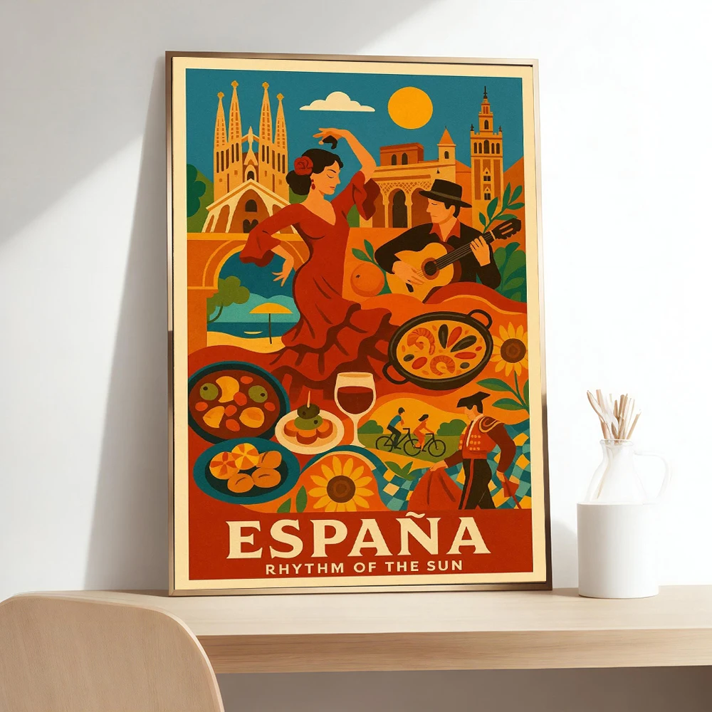 Spain Travel Poster Flamenco Dancer & Paella Print Spanish Wall Art Canvas Painting Kitchen Barcelona Gaudi Print Home Decor