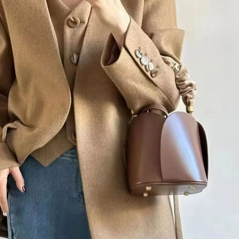 Mendy Genuine Leather Bucket Bag Women Ruched Handle Drawstring Closure Gold Hardware Luxury Designer Minimalist Shoulder Purse