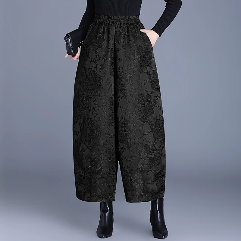 New Chinese Style Embossed Thousand Layer Rose Slimming Heavy Embroidery Flower Bud Loose Wide Leg Cotton Pants Harlan Pants