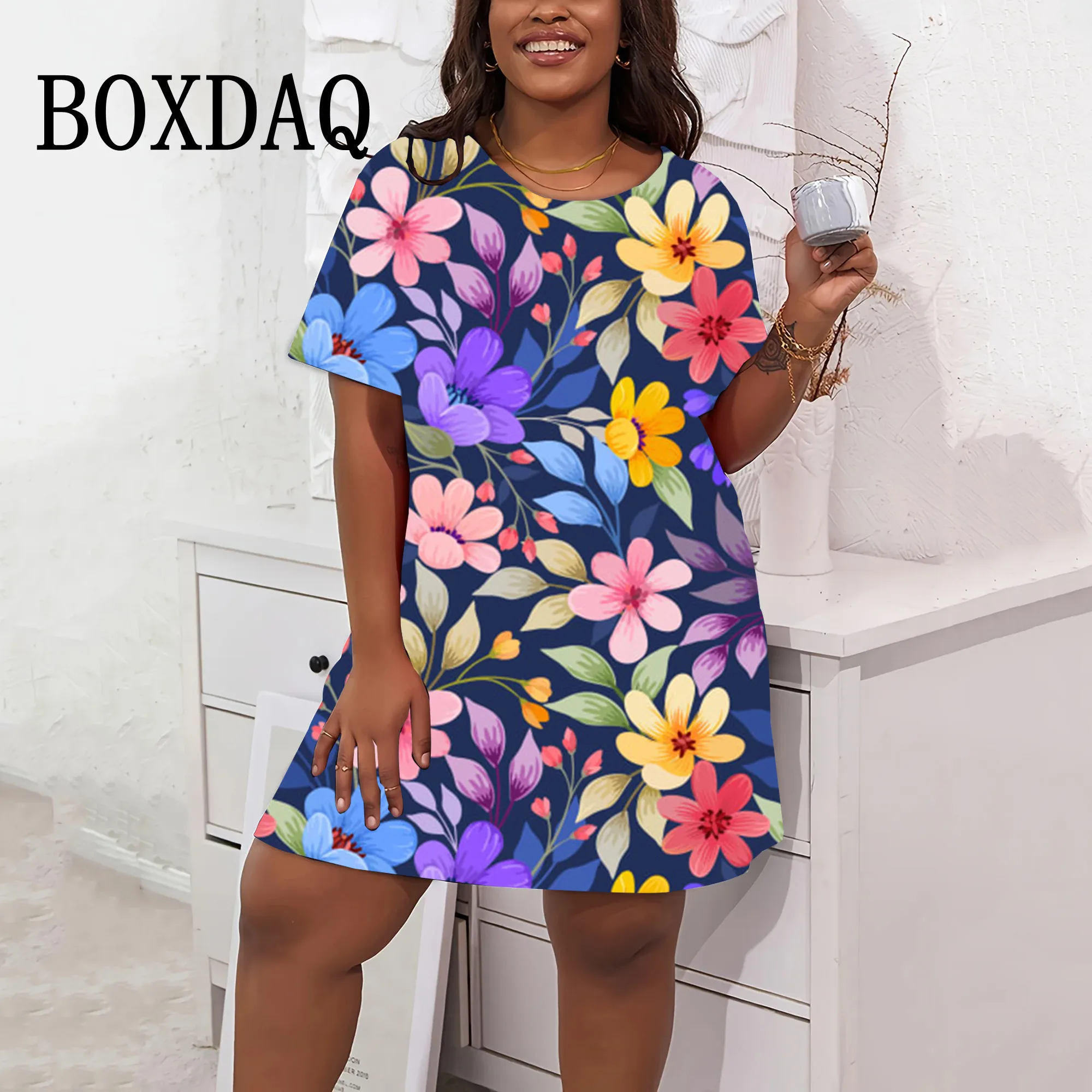 

Fashion 3D Floral Print Dresses For Women Vintage Summer Big Sizes Short Sleeve Dress Casual O-Neck Loose Plus Size Clothing 9XL