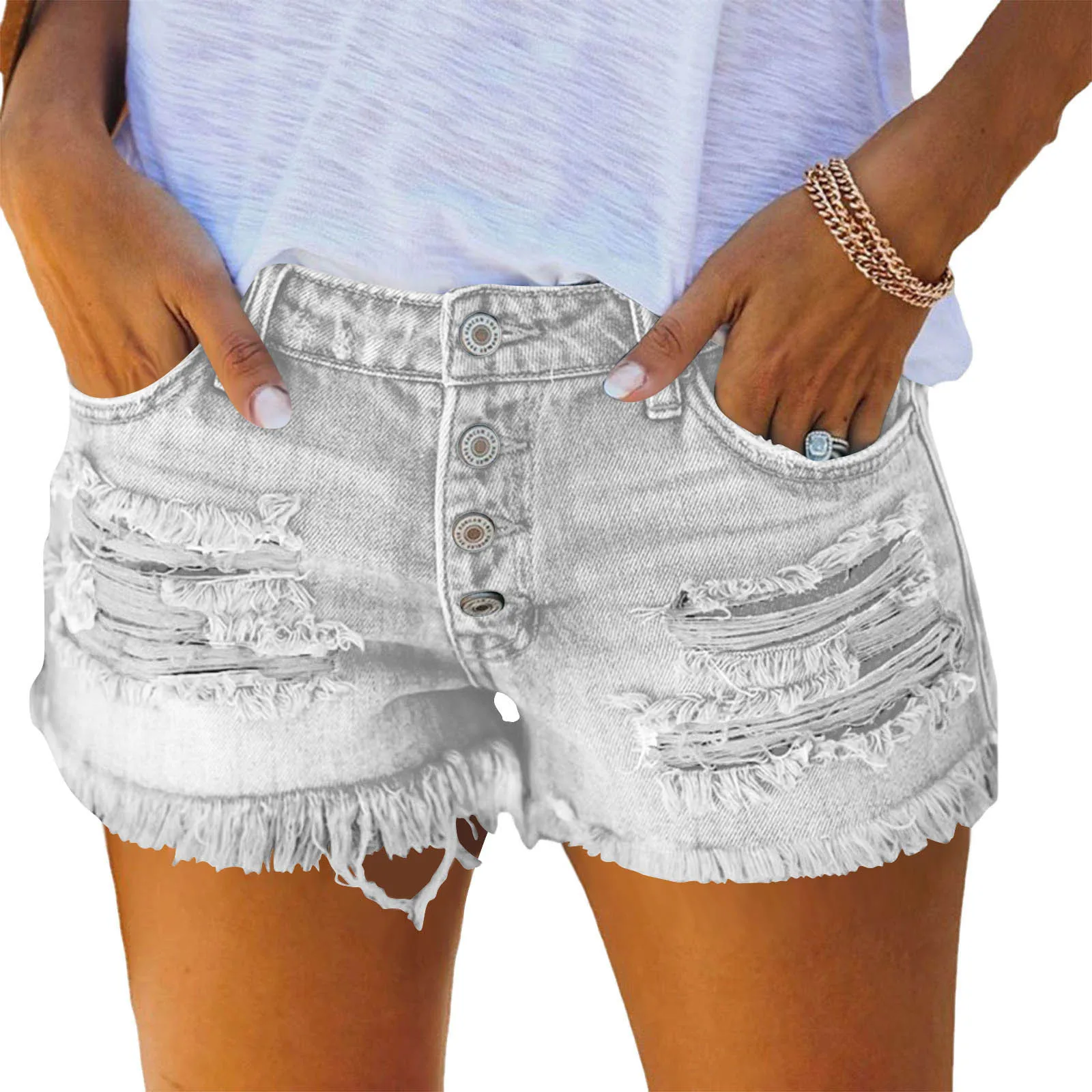 

Summer New Style Fashionable Women's Distressed Denim Low-Rise Slim-Fit Solid-Color Comfortable Ladies Shorts