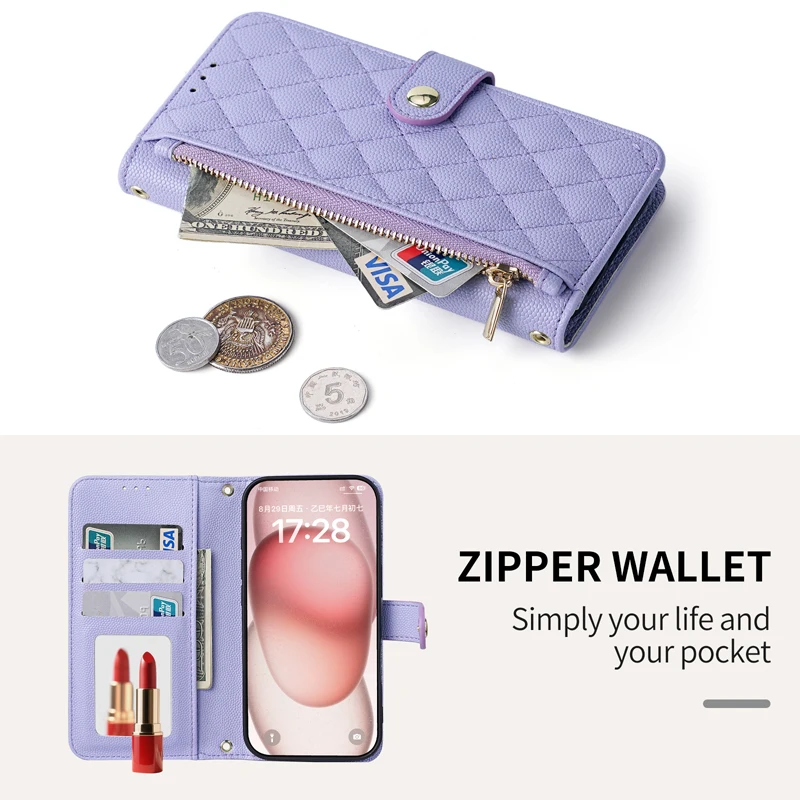 حافظة محفظة شبكية كروس لهاتف آيفون اير 17 برو ماكس 16 بلس 15 برو ماكس 14 برو 13 حافظة جلدية بحزام بطاقات مرآة فتحة نقدية #3