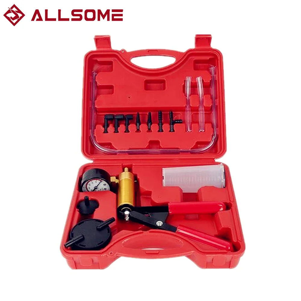 ALLSOME Hand Held DIY Brake Fluid Bleeder Tools Vacuum Pistol Pump Tester Kit Aluminum Pump Body Pressure Vacuum Gauge HT1190